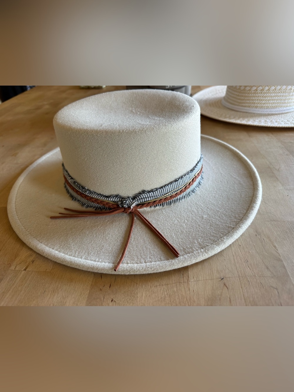 Cato Cream Wide-Brim Felt Hat with Braided Trim and Leather Ties